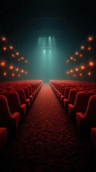 Red velvet seats illuminate the path in an empty theater at night photo