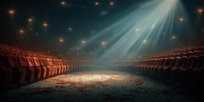 Mood lighting enhances empty theater ambiance with rows of seats awaiting performance photo