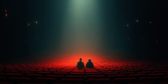 Two individuals sit quietly in a near-empty theater under a soft, glowing spotlight photo