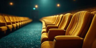 Rows of empty vintage cinema seats create a nostalgic atmosphere in a dimly lit theater space in the evening photo
