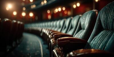 Luxurious velvet theater seats await audience in a classic performance hall with warm lighting photo