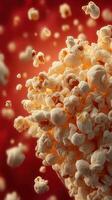 Freshly popped corn kernels float above a red background, creating a dynamic and appetizing visual display photo
