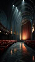 Elegant theater interior with red seats and dramatic lighting creating a captivating atmosphere in the evening hours photo