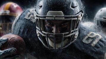 Intense football player charges forward in a competitive match during evening conditions photo