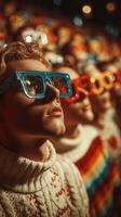 Group of people wearing colorful 3D glasses at a lively event in a theatre during a vibrant performance photo