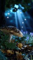 Mushroom growing in a mystical forest illuminated by soft moonlight and surrounded by vibrant foliage photo