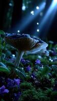 Mysterious forest scene featuring a large mushroom surrounded by violet flowers and soft light beams in an enchanted atmosphere photo