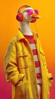 Stylish goose wearing headphones and sunglasses against a vibrant gradient background photo