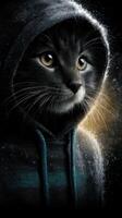 Cool cat character in a hoodie with striking eyes, capturing a mysterious vibe in low-light setting photo