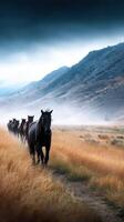 Herd of wild horses moving through golden grassland at dawn in the mountains photo