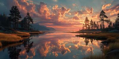 Sunset reflections over calm water with clouds and trees in a serene natural landscape photo