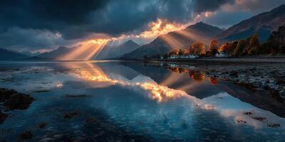 Majestic sunset reflecting over tranquil lake in the highlands during early evening photo