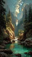 Enchanted forest landscape with cascading waterfall and starry night sky in a serene mountain setting photo