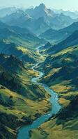 Stunning river winding through lush valleys and majestic mountains during golden hour in a serene landscape photo