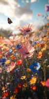 Colorful wildflower meadow with butterfly hovering in sunlight during spring afternoon photo