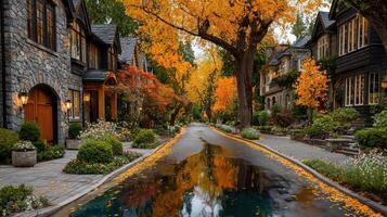 Charming autumn street lined with colorful trees and quaint houses in a peaceful neighborhood photo