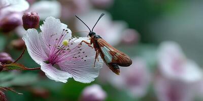 Butterfly interacting with vibrant pink flower during a sunny day in a lush garden photo