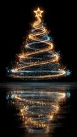Sparkling Christmas tree decorated with lights swirling in the dark reflections during holiday celebrations photo
