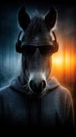Unique blend of urban culture and nature with a horse wearing headphones in a stylized setting at dusk photo
