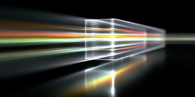 Light beams pass through a transparent prism creating colorful reflections in a dark setting photo