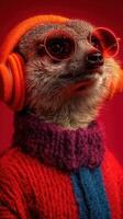 Cute meerkat dressed in colorful sweater and headphones posing in vibrant studio setting photo