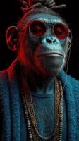 Cool, stylized monkey wearing sunglasses and headphones, showcasing urban fashion and art in vibrant colors photo