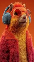 Colorful anthropomorphic squirrel wearing sunglasses and headphones, showcasing a vibrant style against an orange background photo