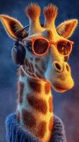 Giraffe wearing headphones and sunglasses with a stylish sweater against a colorful background photo