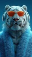 Cool white tiger in sunglasses and headphones wearing a blue robe against a blue background photo