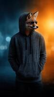 Stylish figure in a hoodie with a fox mask stands confidently against a vibrant two-tone background photo