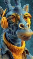 Giraffe wearing headphones and stylish glasses in a vibrant urban setting during a sunny day photo