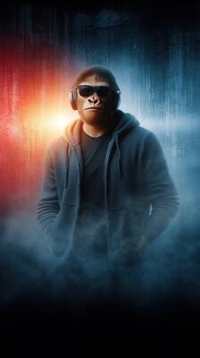 Monkey wearing sunglasses and headphones poses confidently in a stylized urban backdrop with dramatic lighting