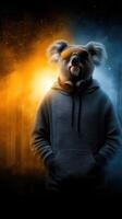 Unusual character posing in a hoodie and sunglasses in a vibrant twilight atmosphere photo