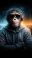 Stylish monkey wearing headphones and sunglasses listens to music in a vibrant setting with dynamic background lighting photo