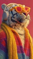 Cool tiger wearing headphones and sunglasses exudes a relaxed vibe against a colorful background photo
