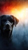 Cool black dog wearing sunglasses poses confidently against a vibrant sunset background with colorful lights photo