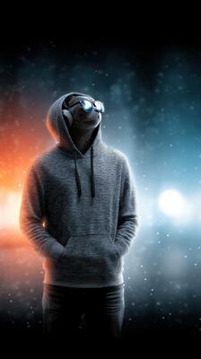 Individual standing in a hoodie and sunglasses with headphones in a vibrant urban nightscape