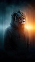 Urban lion with headphones in a stylish hoodie showcasing a blend of nature and modern lifestyle photo
