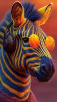 Stylish zebra with colorful patterns and sunglasses listening to music at sunset in a vibrant landscape photo