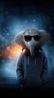 Elephant wearing sunglasses and headphones stands confidently against a blue backdrop photo