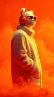 Stylish bear in a fluffy coat and sunglasses enjoying music against a vibrant orange background photo
