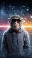 Cool monkey wearing sunglasses and a hoodie poses confidently against a vibrant backdrop with colorful light effects photo