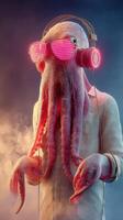 Octopus wearing sunglasses and headphones enjoys music in a surreal environment photo