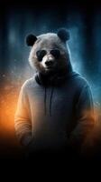 Unconventional bear character wearing sunglasses and headphones in a stylish urban setting during nighttime photo