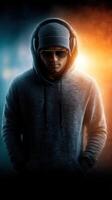 Musician in hoodie with headphones illuminated by dramatic lighting during night performance photo
