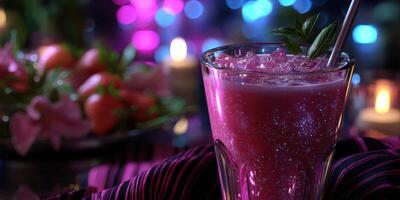 Enjoying a vibrant pink drink with garnish at a lively gathering in the evening ambiance photo