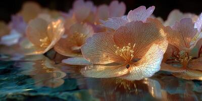 Delicate blossoms resting on tranquil water, reflecting soft sunlight in a serene natural setting photo