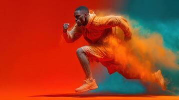 Dynamic athlete sprinting in vibrant colors during an intense running event with a backdrop of orange and teal hues photo