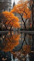 Vibrant autumn trees reflecting in a tranquil pond surrounded by urban architecture on a crisp afternoon photo