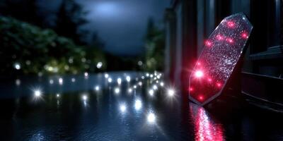 Reflection of glowing lights in puddles during a rainy night by a quiet garden area photo